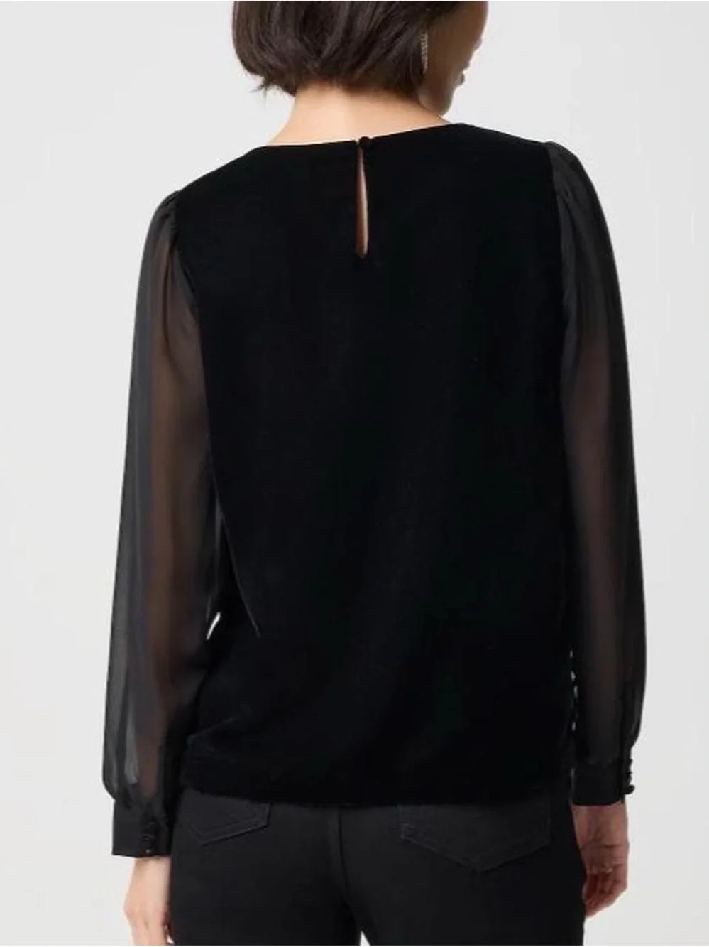 J. Crew Black Velvet Bodice Blouse Top with Sheer Chiffon Puff Sleeves M NWT